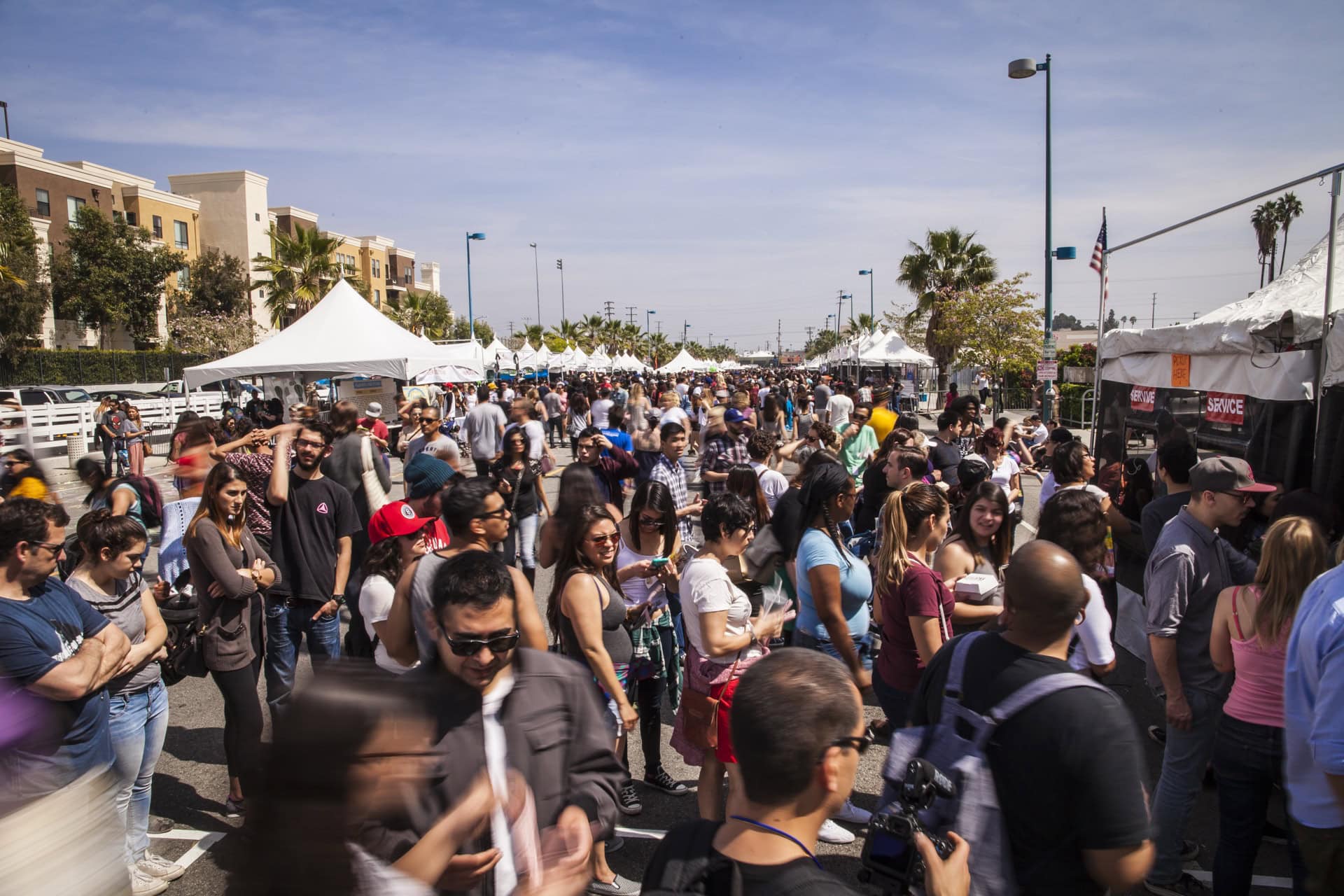 Crowds between food stalls at the Vegan Street Fair street festival in Los Angeles
