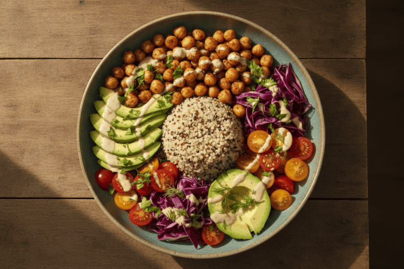 Vegane Bowl mit Gemüse und Tofu auf dem Tisch