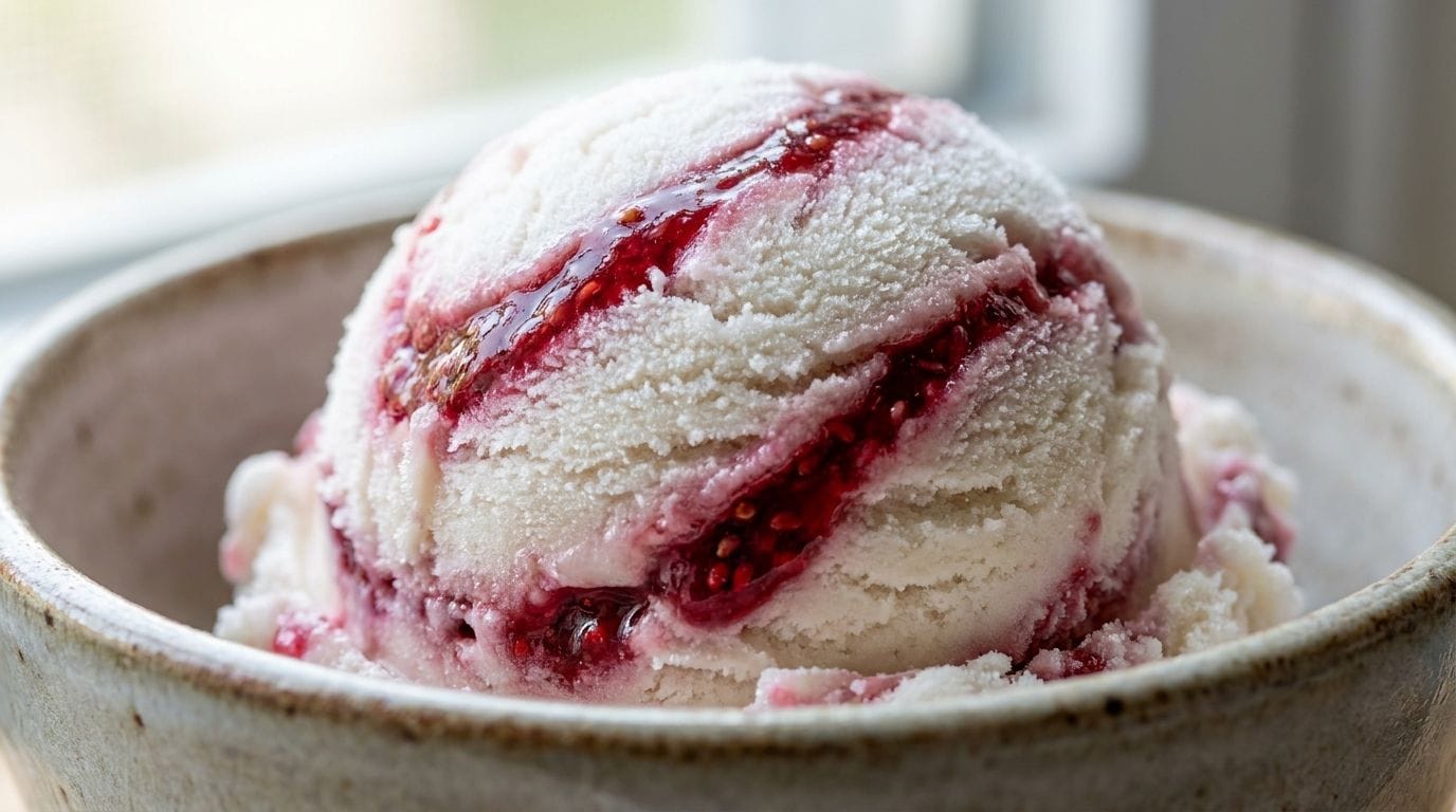 Nahaufnahme einer veganen Eiskugel mit Himbeer-Swirl
