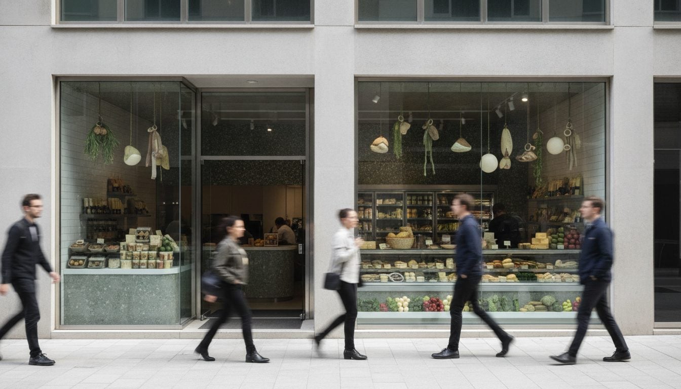 Blick in einen kleinen Ladenraum mit Kuehltheke und Snack-Counter