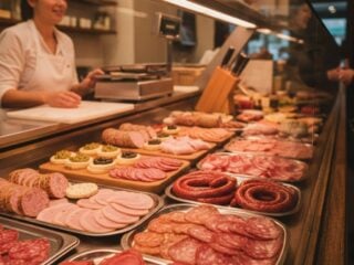 Vegane Frischetheke mit pflanzlichem Aufschnitt und Wurst im Auslagenkuehl