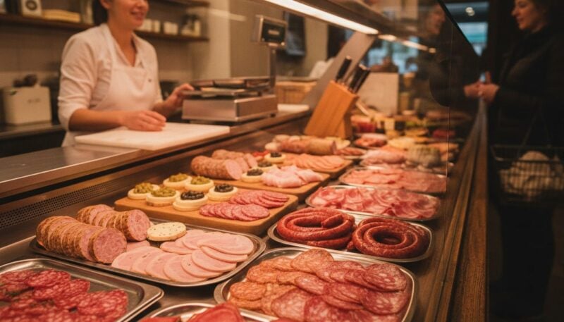 Vegane Frischetheke mit pflanzlichem Aufschnitt und Wurst im Auslagenkuehl