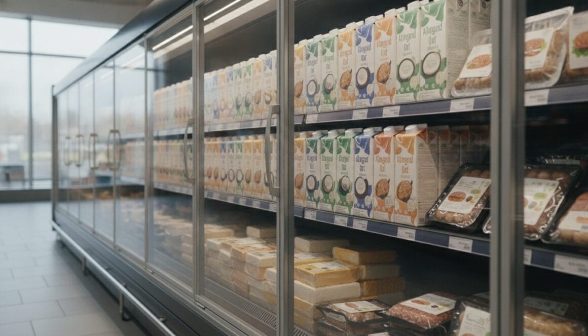 Kühlregal mit veganen Lebensmitteln im Supermarkt