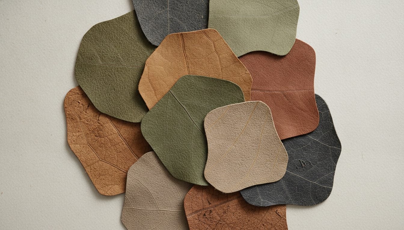 Material swatches of plant-based leather alternatives from pineapple, cactus, apple and grape side by side