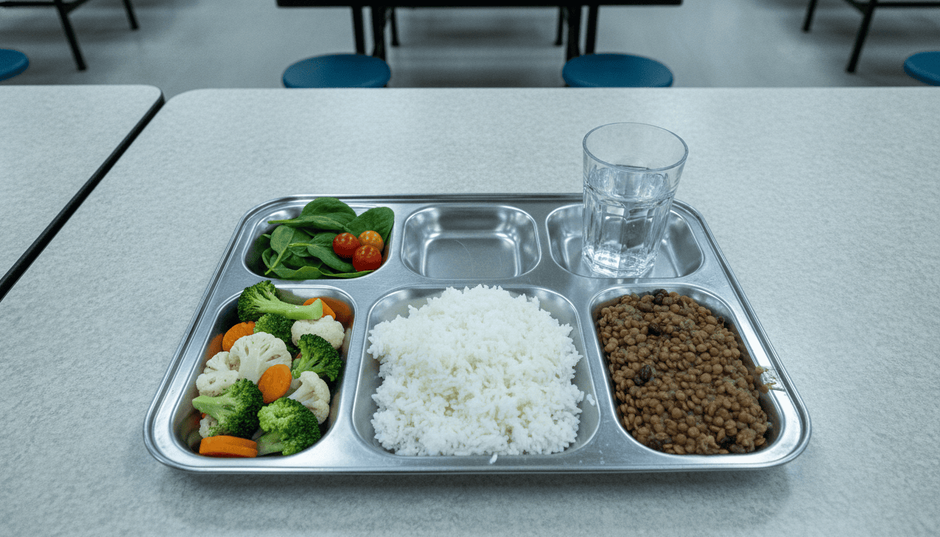 Veganes Essen auf einem Anstalts-Tablett mit Reis, Gemüse und Hülsenfrüchten