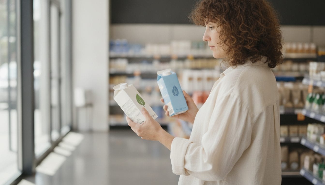 Person vergleicht vegane Produkte beim Einkaufen