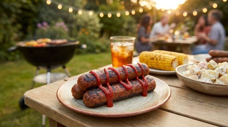 Vegane Würstchen mit Ketchup im Zickzack-Muster