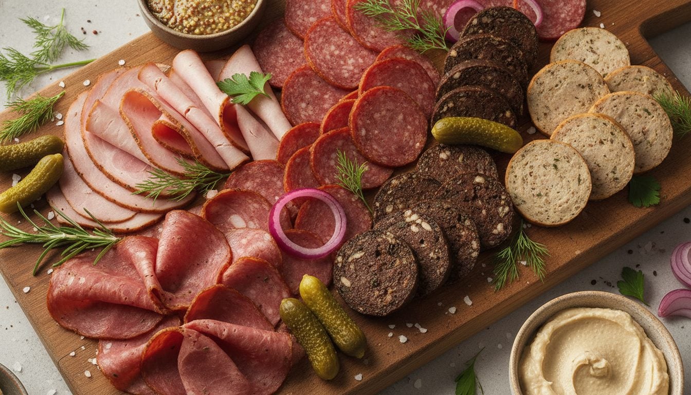 Teller mit verschiedenen Sorten veganem Aufschnitt und Bratwurst
