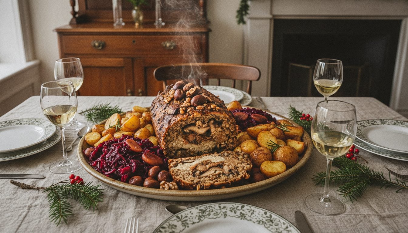 Veganer Festtagsbraten mit Kartoffeln und Rotkohl auf einem gedeckten Tisch