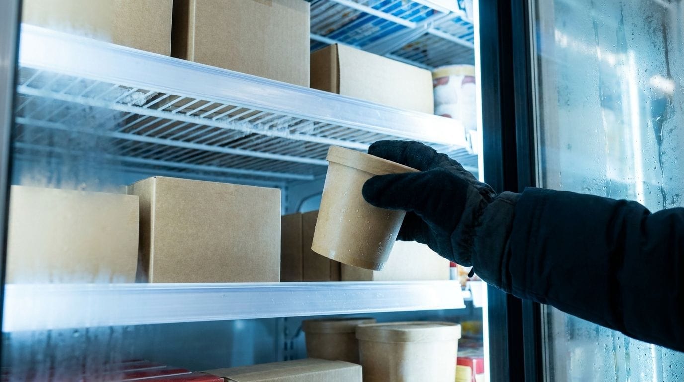 Hand nimmt einen Eisbecher aus dem Tiefkühlregal im Supermarkt