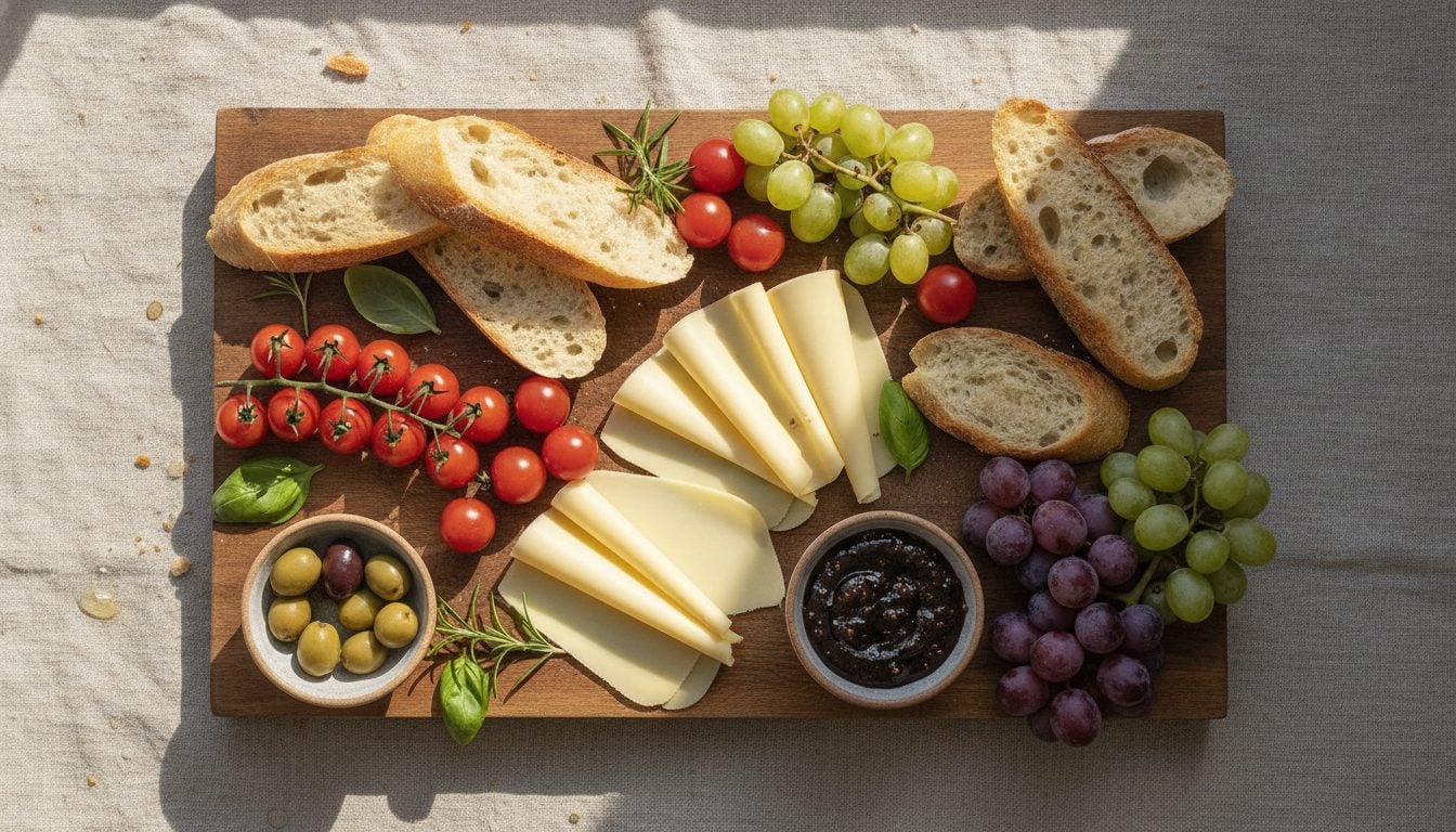 Vegane Kaese-Scheiben und Brot auf einem Holzbrett fuer ein Cheeseboard