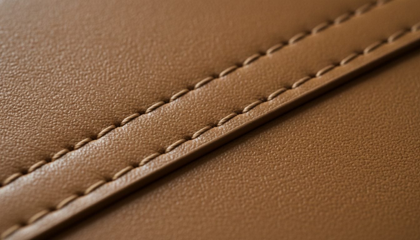 Hands holding a vegan leather bag, close-up of the grained surface