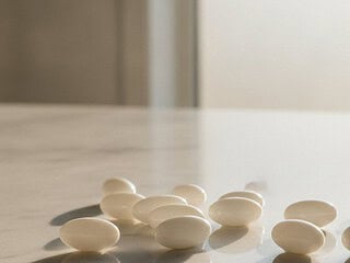 Vitamin D supplement capsules next to a bright window
