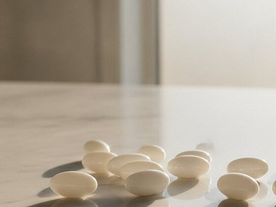 Vitamin D supplement capsules next to a bright window