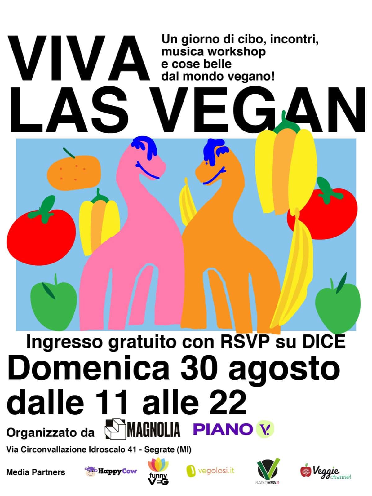 Plakat von Viva Las Vegan 2026 im Circolo Magnolia Mailand mit Datum 30. August und buntem Gemüse-Motiv