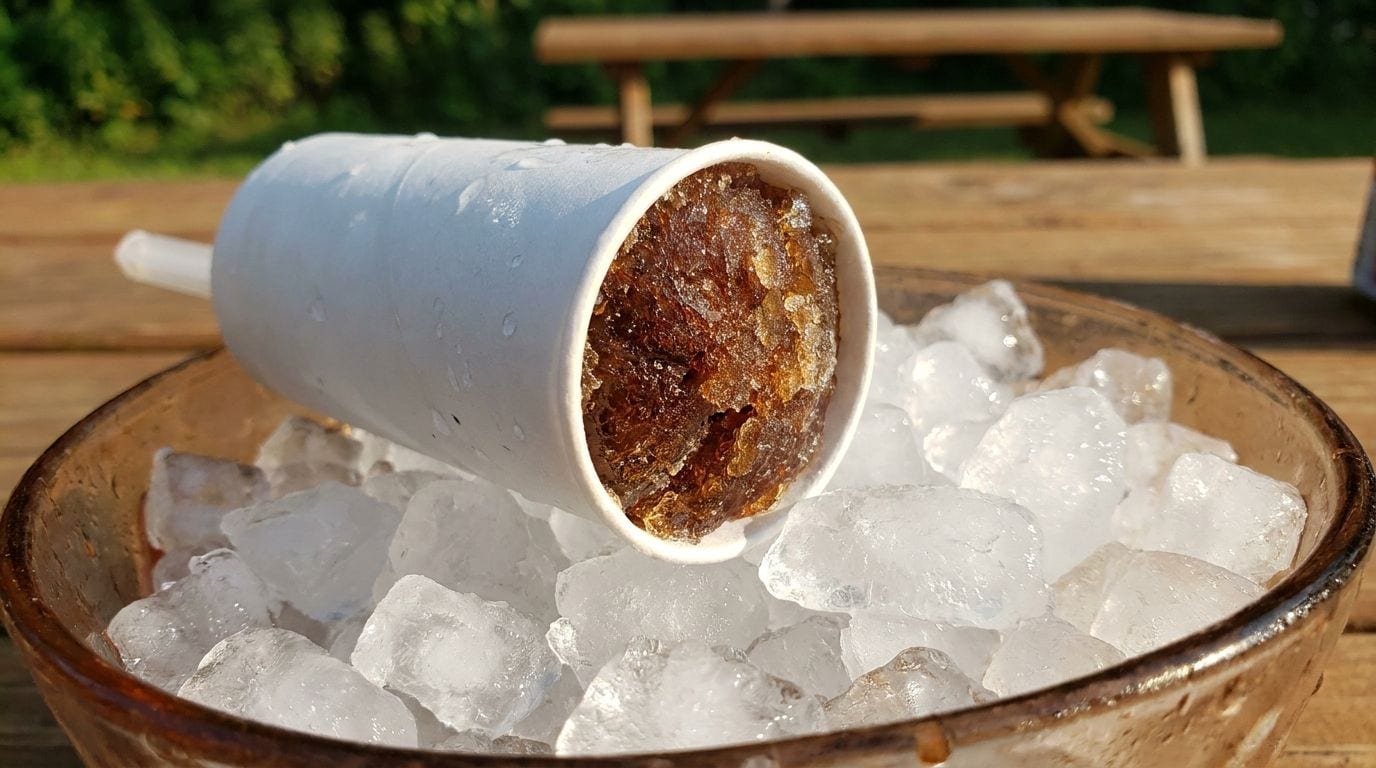Aufgeschnittenes Push-up-Wassereis mit Colageschmack liegt auf Eiswürfeln