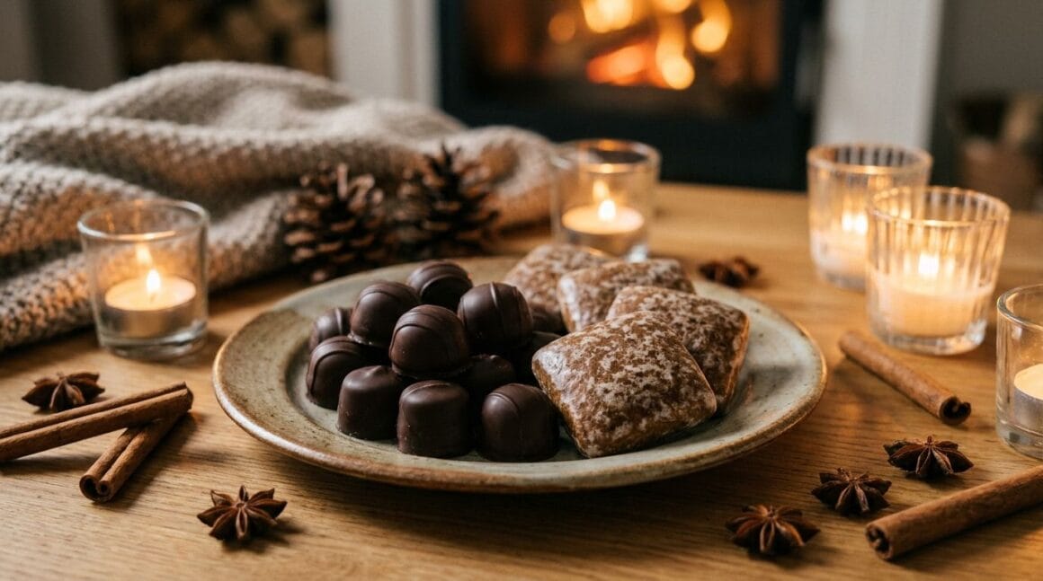 Weihnachtsteller mit dunklen Pralinen und Dominosteinen neben Zimtstangen