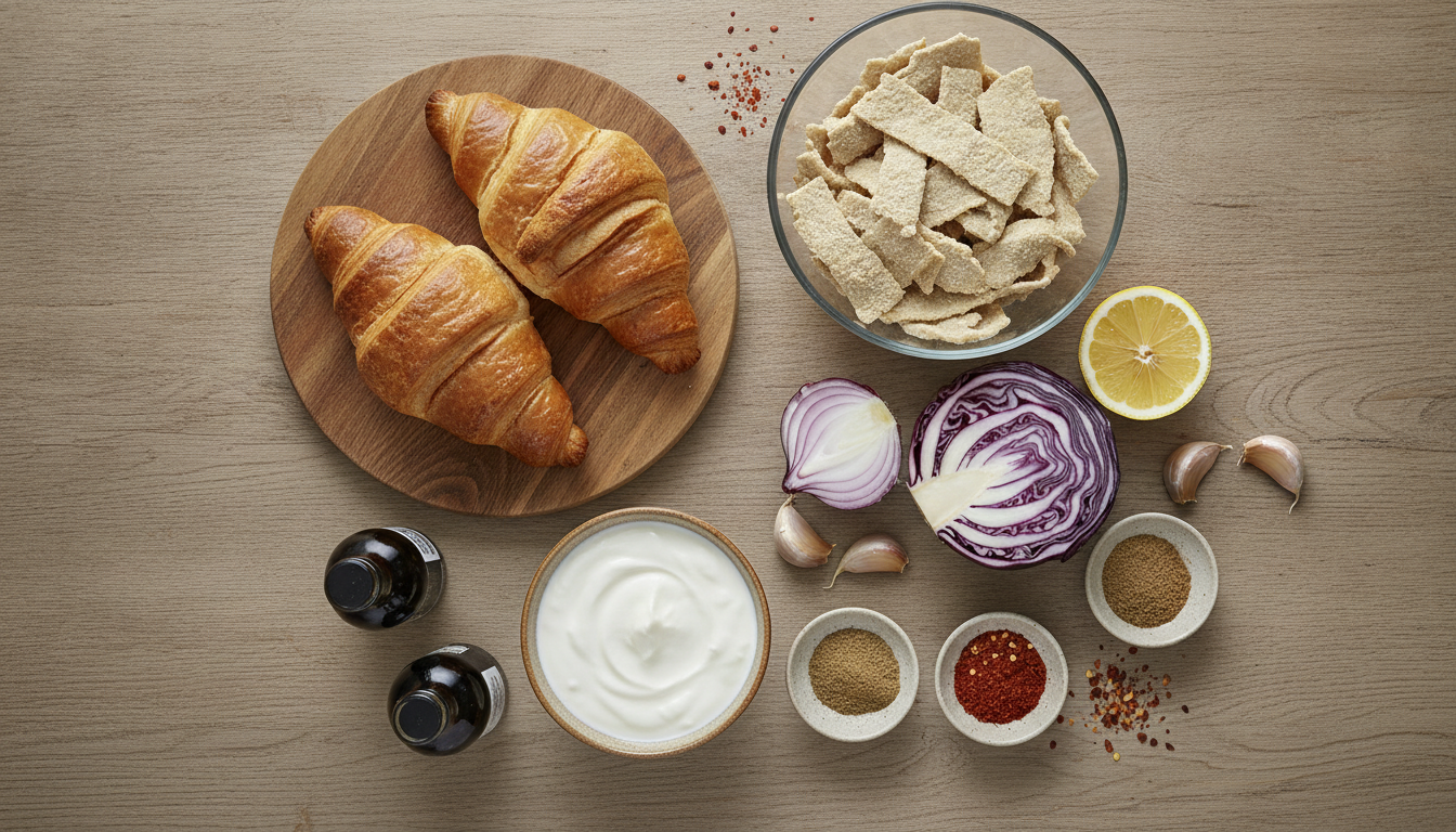 Zutaten für veganes Döner Croissant: Croissants, Sojaschnetzel, Sojajoghurt, Rotkohl, rote Zwiebel, Knoblauch und Gewürze auf einem Holztisch