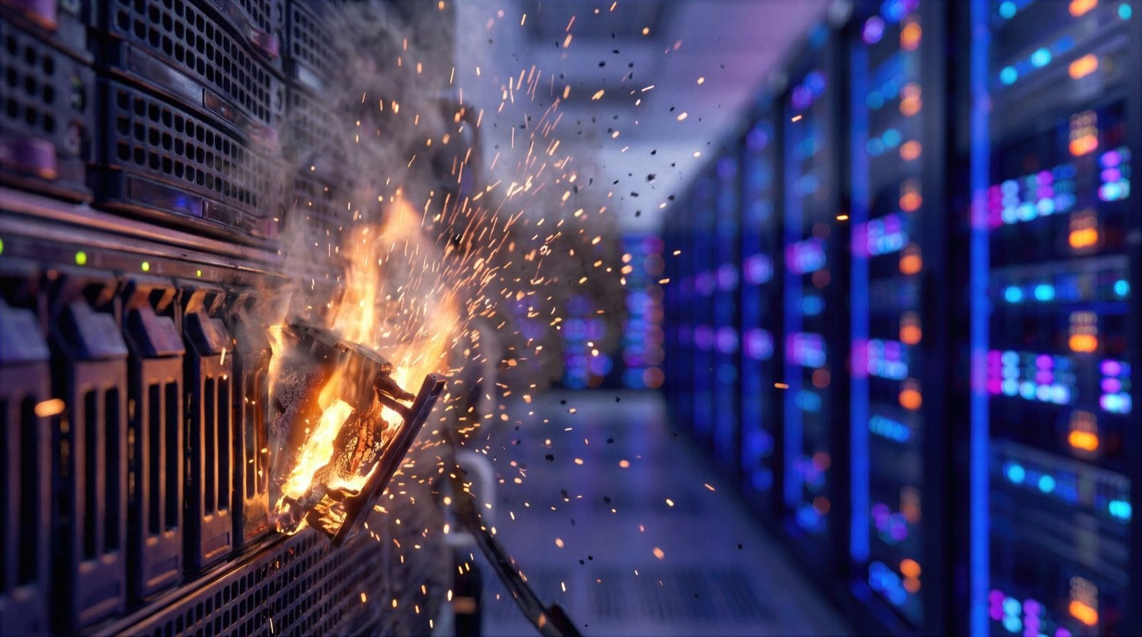 Brennendes Serverrack in einem Rechenzentrum, Funken fliegen