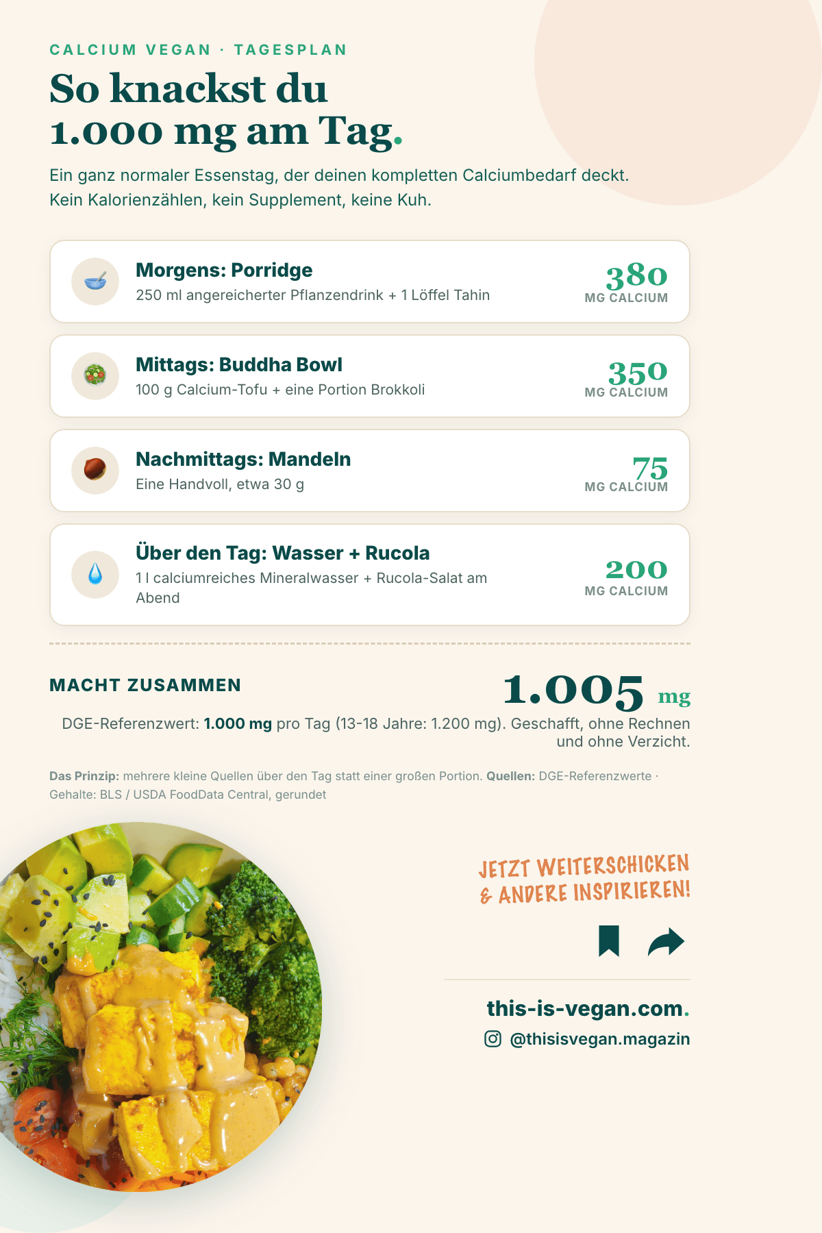 Infografik: ein veganer Tagesplan, der 1.000 mg Calcium erreicht