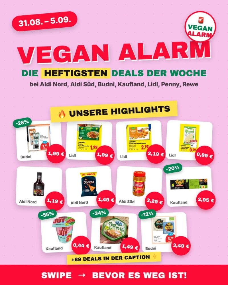 Vegan Alarm Wochenangebote 31.8. bis 5.9. mit elf veganen Highlight-Produkten aus deutschen Supermärkten