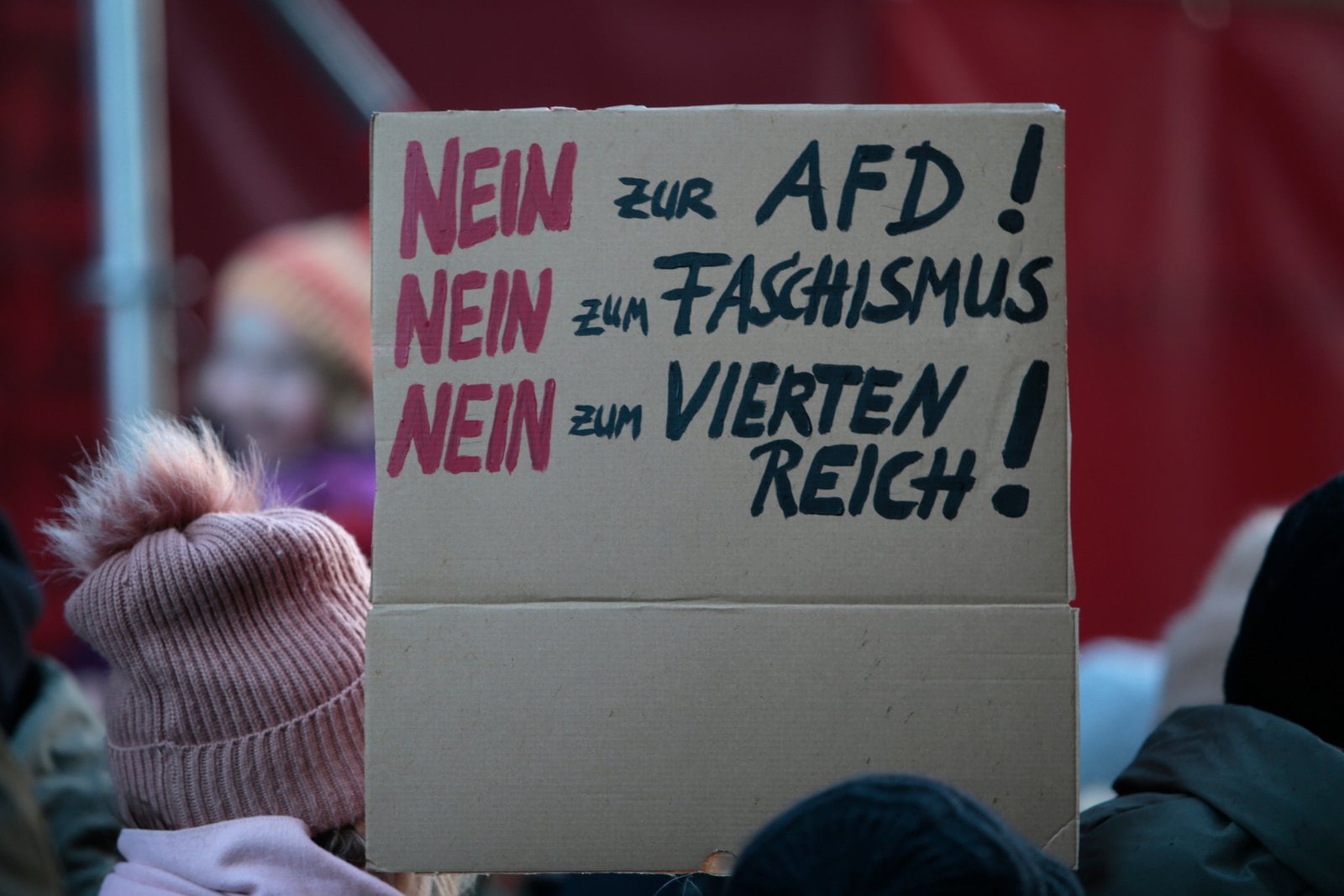 Demonstrantin hält ein Pappschild mit der Aufschrift Nein zur AfD, nein zum Faschismus, nein zum vierten Reich