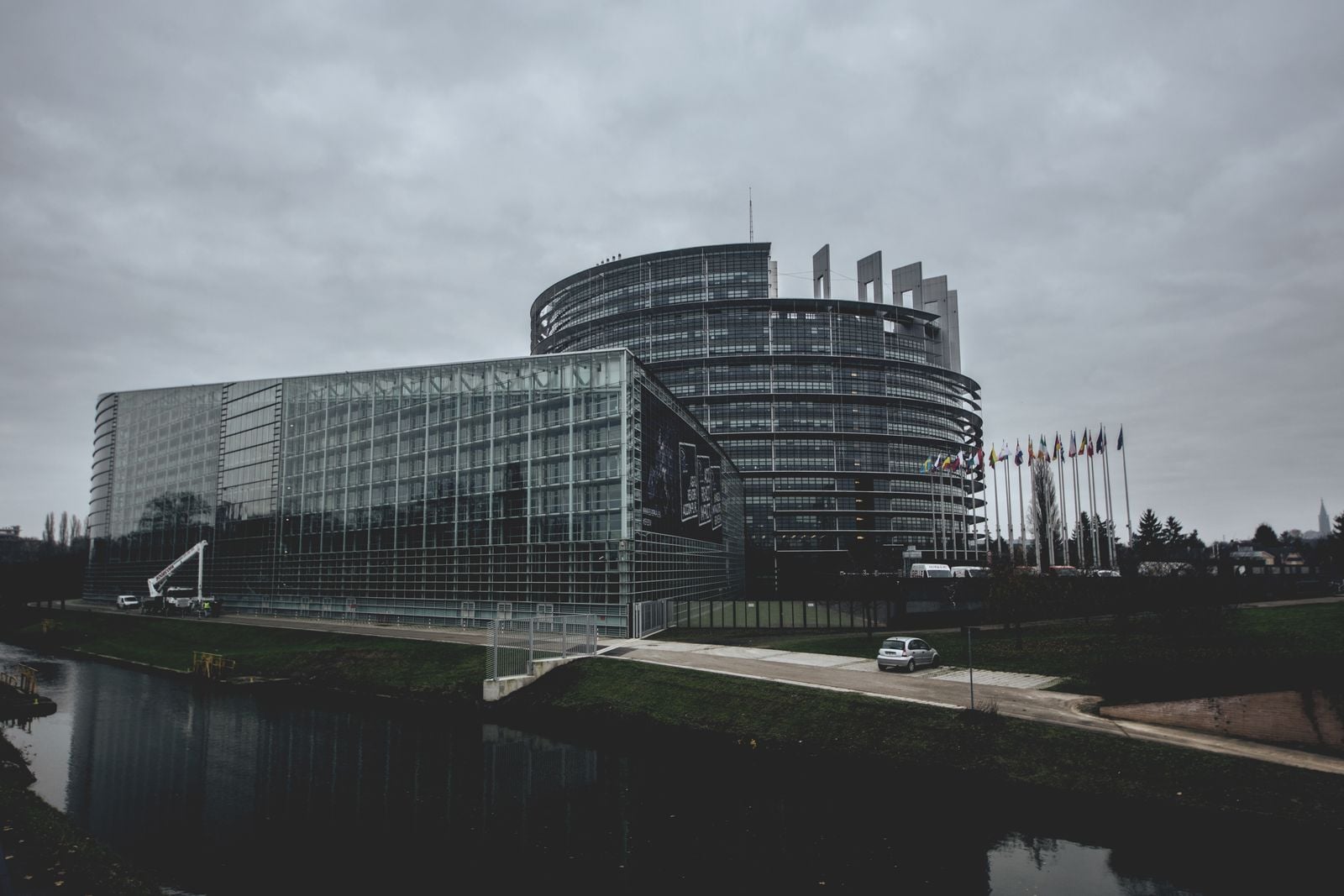 The European Parliament building in Strasbourg on a cloudy day