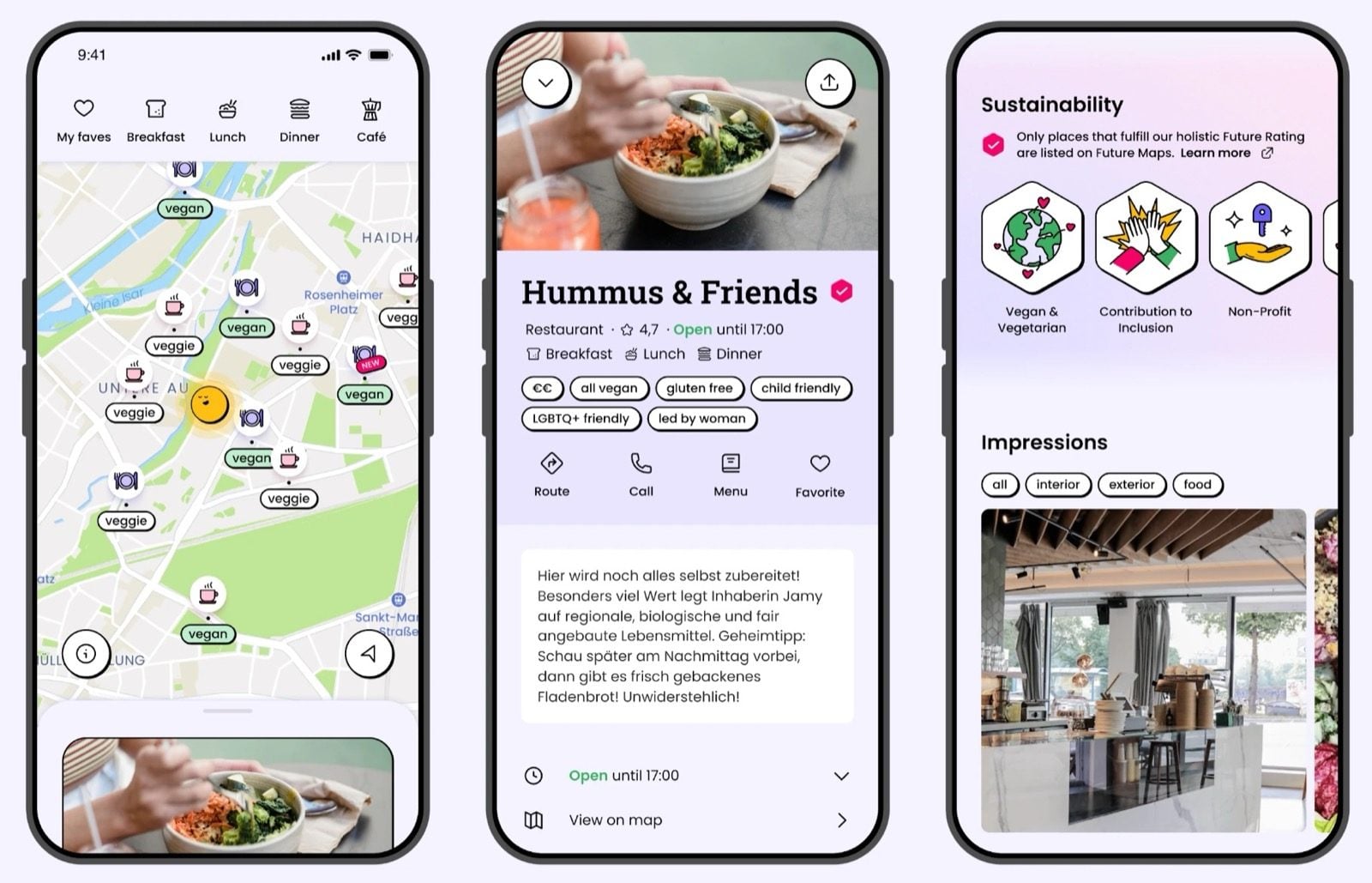 Drei Screens der Future-Maps-App mit Karte veganer Restaurants, Detailseite und Nachhaltigkeitskriterien