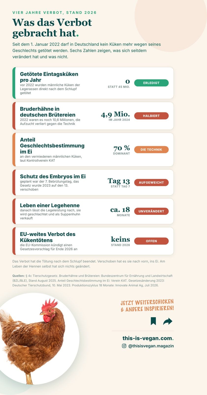 Infografik mit sechs Kennzahlen zur Bilanz des Kükentöten-Verbots in Deutschland