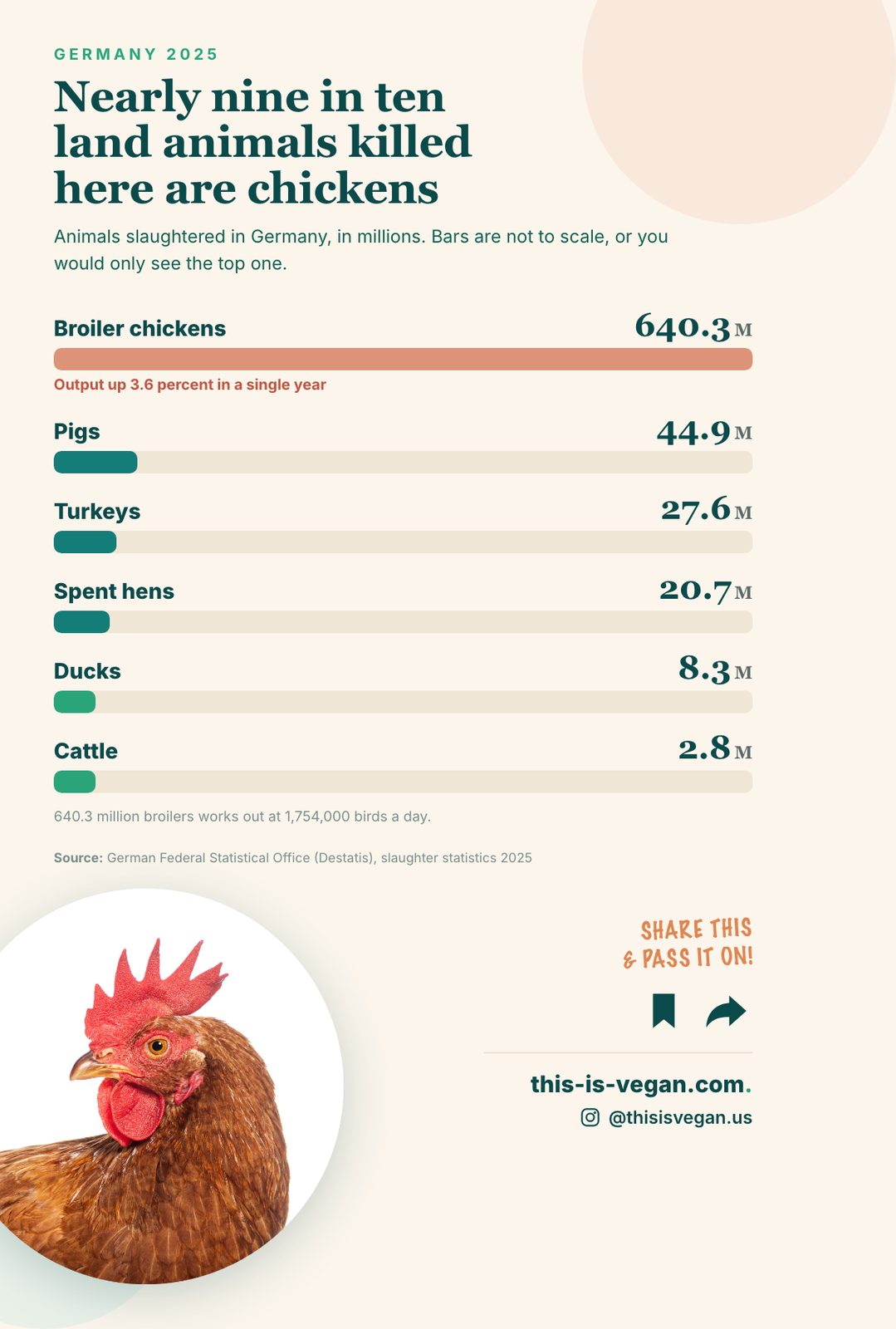 Infographic showing animals slaughtered in Germany in 2025 by species, broiler chickens leading with 640.3 million