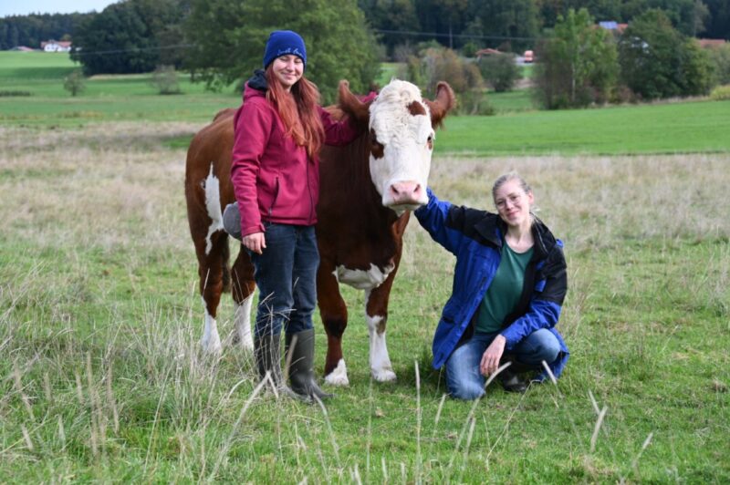 Lebenshof Kuhtopia: Gründerinnen Steffi und Helen mit einer geretteten Kuh auf der Weide