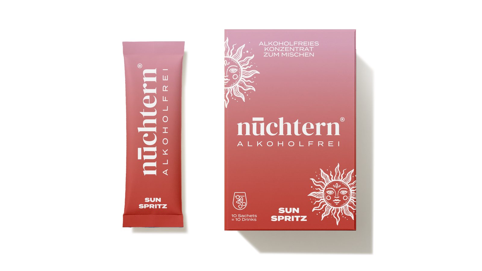 Ein einzelnes Sachet und die Packung von nüchtern Sun Spritz nebeneinander auf weißem Grund