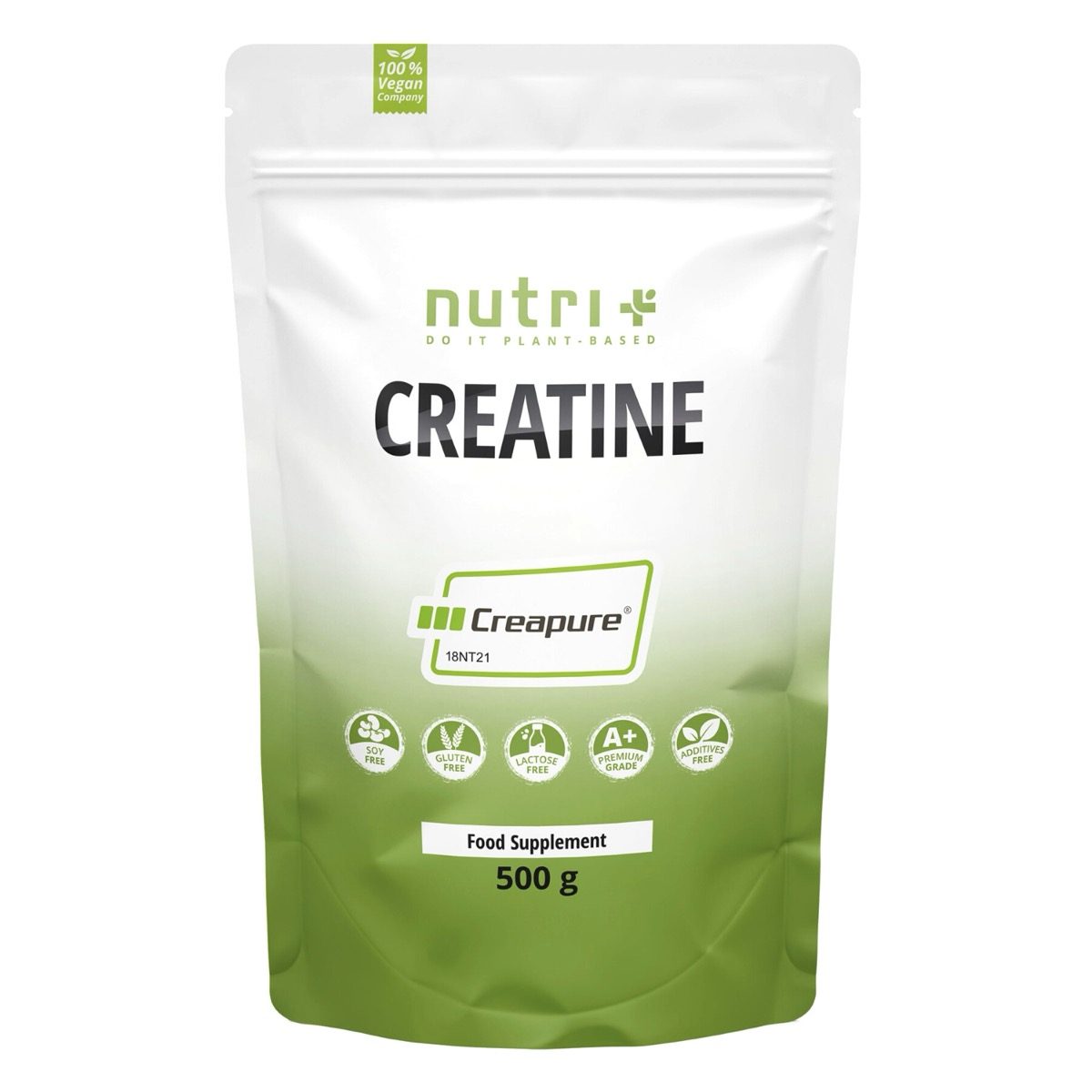 Weißer Standbeutel nutri+ Creatine mit Creapure-Logo, 500 Gramm