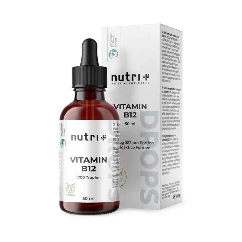 Flasche Nutri+ Vitamin B12 Tropfen mit Pipette neben der Verpackung