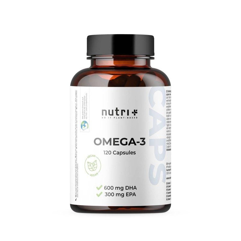 Braune Dose Nutri+ Omega-3 Kapseln mit 600 mg DHA und 300 mg EPA