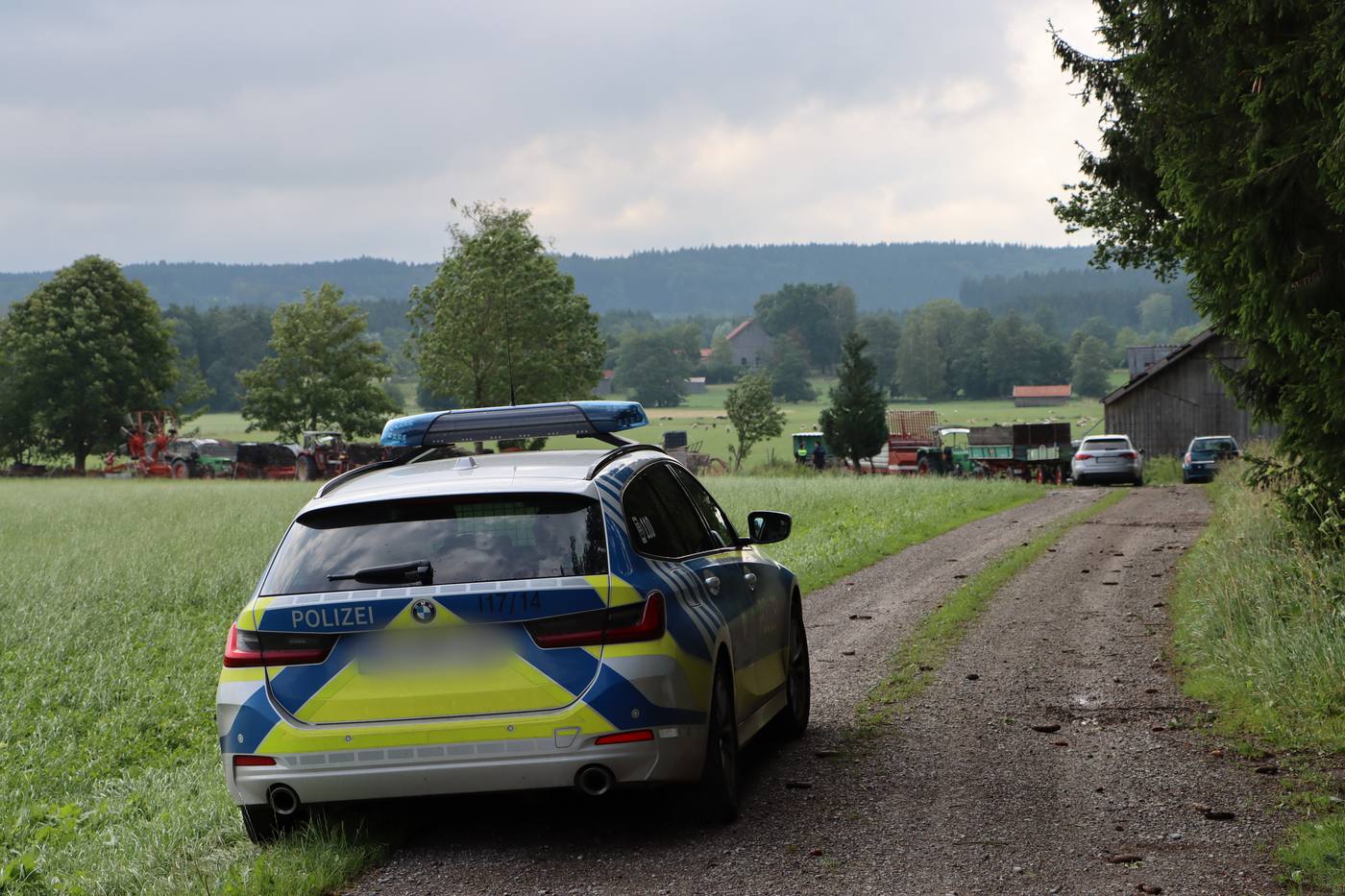 Streifenwagen der Polizei auf einem Feldweg neben einer Weide im Allgäu