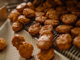 Fertige vegane Frikadellen laufen bei der Rügenwalder Mühle über das Förderband