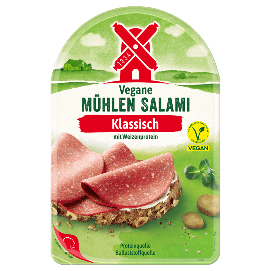 Packung Rügenwalder Vegane Mühlen Salami Klassisch mit V-Label