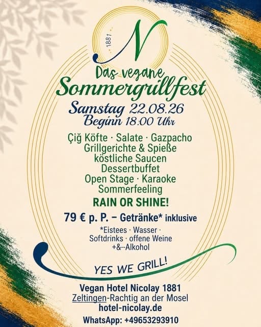 Flyer zum veganen Sommergrillfest im Hotel Nicolay 1881 am 22. August 2026, 18 Uhr, 79 Euro pro Person inklusive Getränke