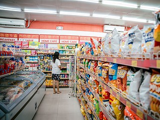 Woman standing at the end of a supermarket aisle lined with shelves of packaged food