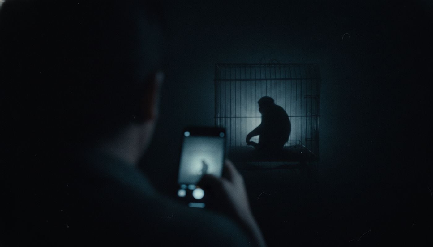 Someone films a cage in the dark with a smartphone, the silhouette of a monkey barely visible inside