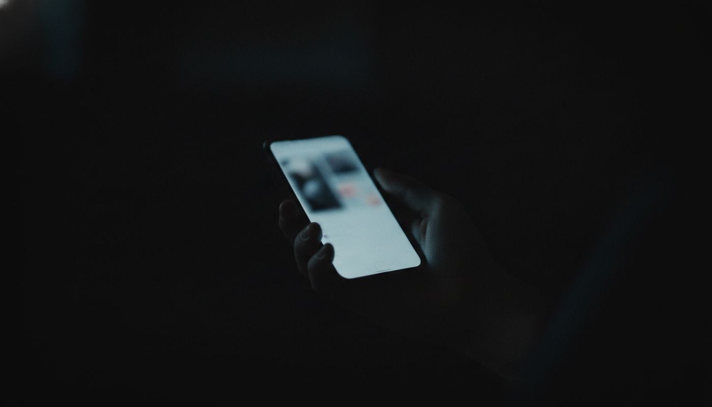 A hand holds a glowing smartphone in a dark room, the screen the only source of light