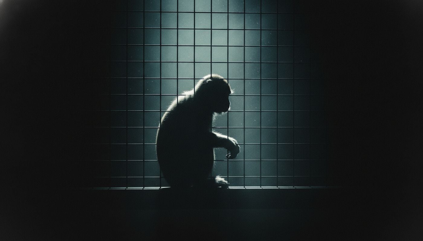 Silhouette of a hunched monkey behind wire mesh, backlit in near darkness