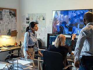 Ermittlungsteam in einem Lagezentrum vor Monitoren mit Überwachungsbildern und einer Pinnwand