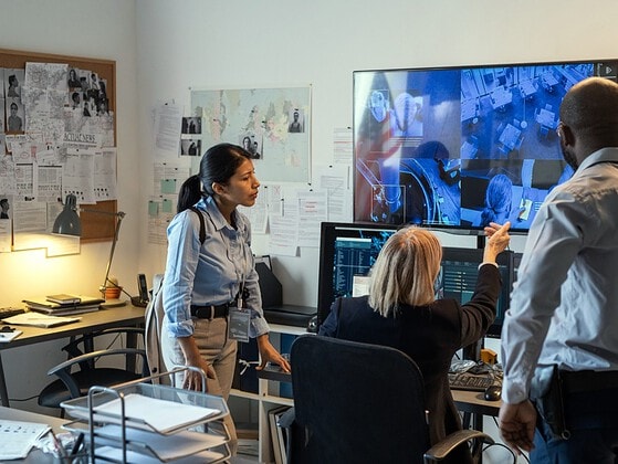 Ermittlungsteam in einem Lagezentrum vor Monitoren mit Überwachungsbildern und einer Pinnwand
