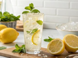 Alkoholfreier Lemon Sour im hohen Glas mit Crushed Ice, Zitronenscheiben und Minze
