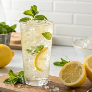 Alkoholfreier Lemon Sour im hohen Glas mit Crushed Ice, Zitronenscheiben und Minze