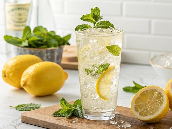 Alkoholfreier Lemon Sour im hohen Glas mit Crushed Ice, Zitronenscheiben und Minze