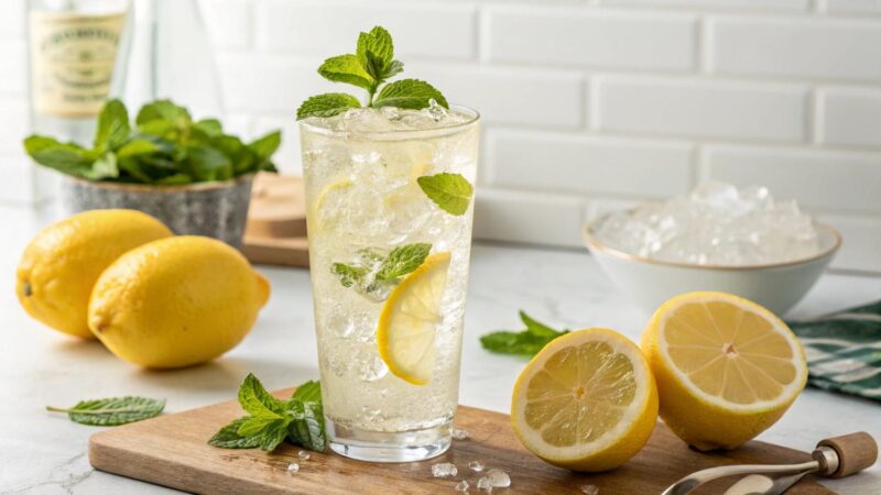 Alkoholfreier Lemon Sour im hohen Glas mit Crushed Ice, Zitronenscheiben und Minze