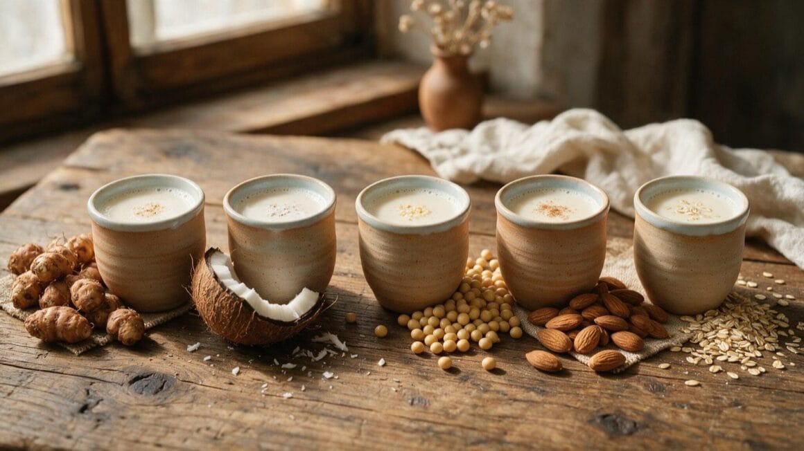 Fuenf Becher mit verschiedenen Pflanzenmilch-Sorten, davor Erdmandeln, Kokosnuss, Sojabohnen, Mandeln und Hafer